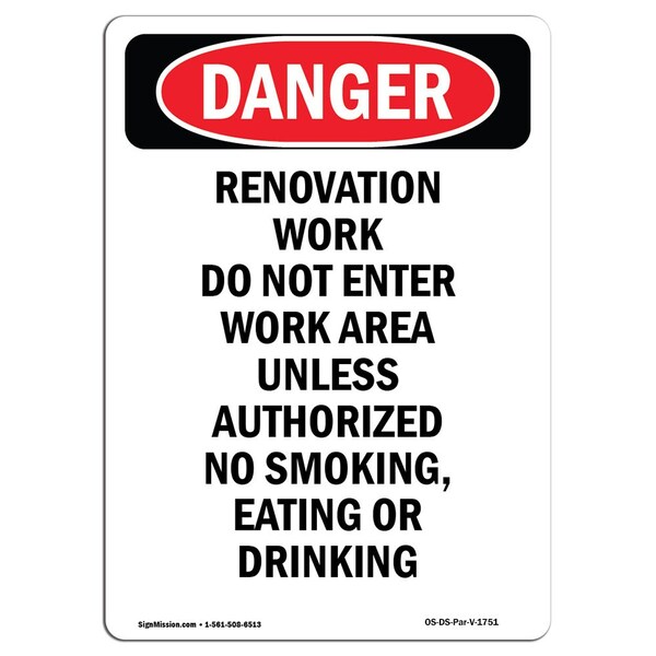 Signmission OSHA Danger Sign, 5" Height, Portrait Renovation Work Do Not Enter Work Area, Portrait OS-DS-D-35-V-1751 - main